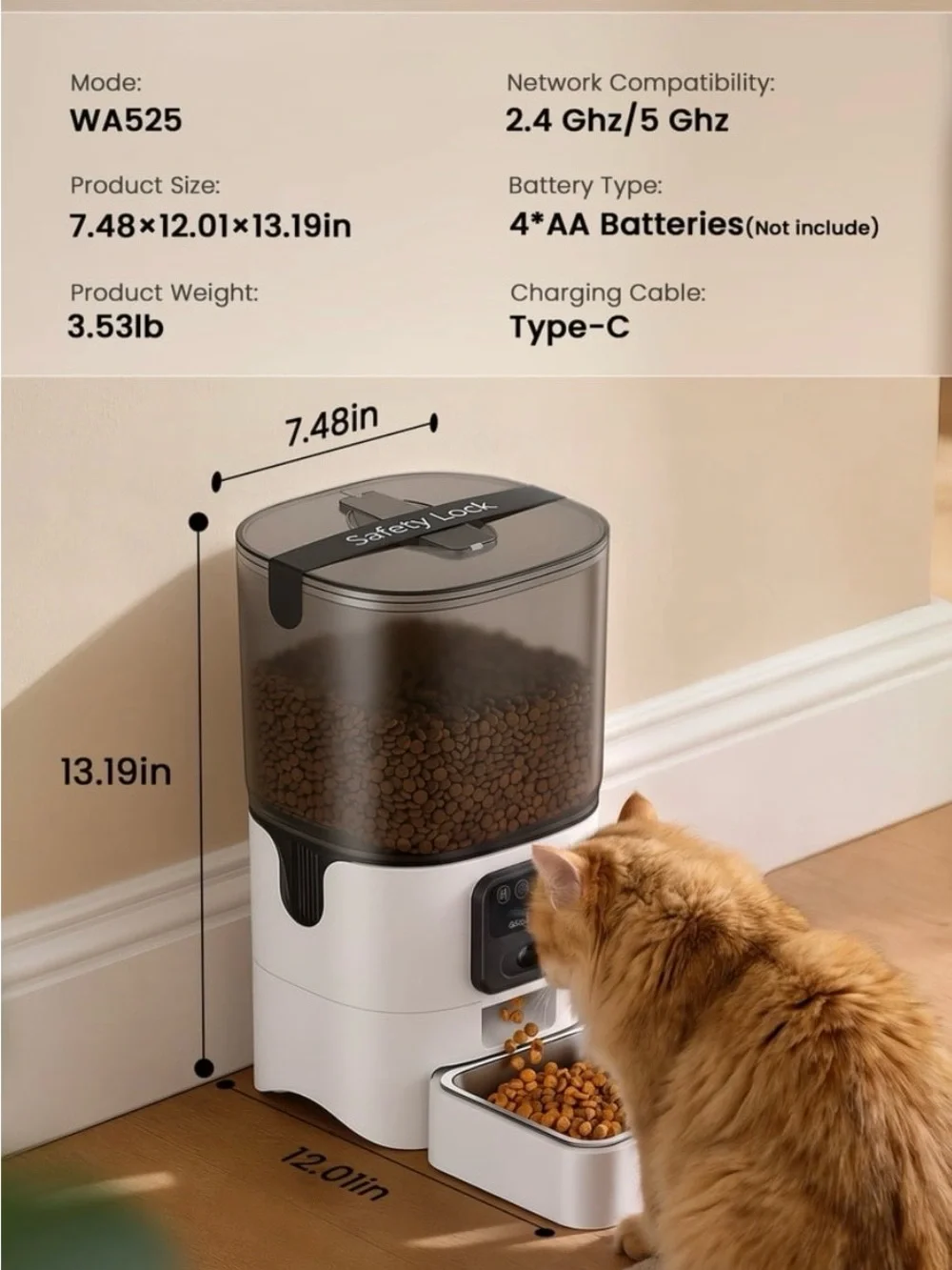 Automatic Cat Feeder with Clear Smoke Gray Hopper and White Base - Camera w/ mic